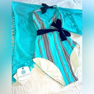 New Tori Richard Honolulu One Piece Swimsuit with Shawl Coverup-Turquoise color.